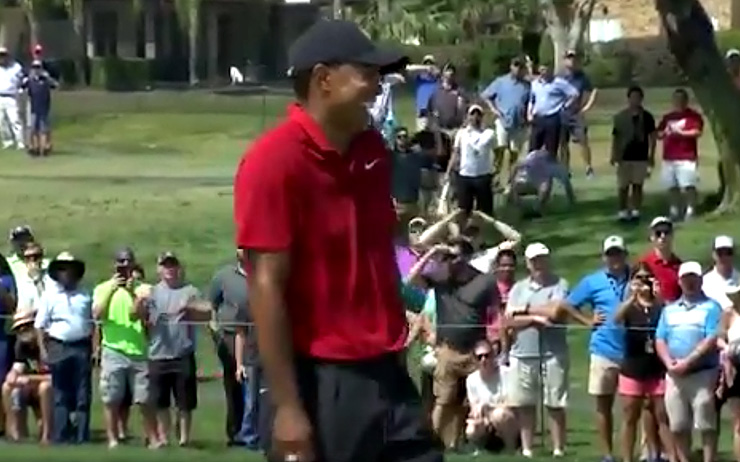 Tiger Woods could only laugh at how this shot didn’t drop after clanging off the flagstick