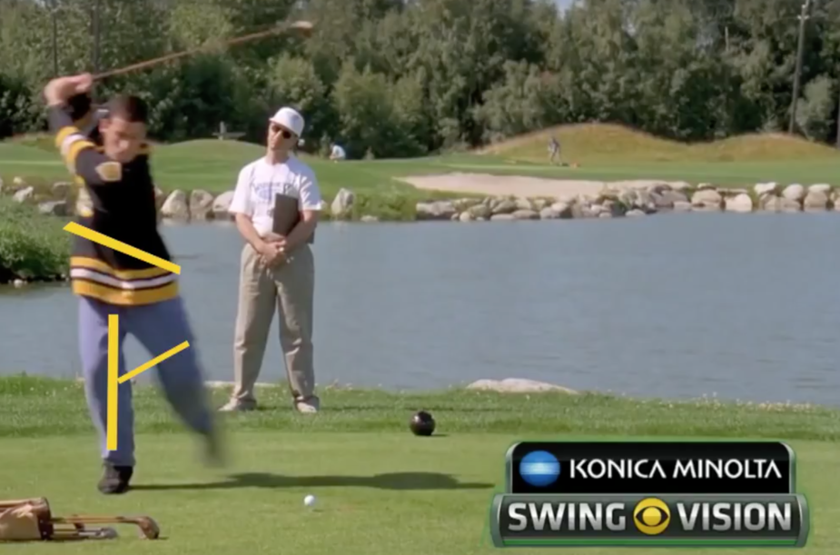 Peter Kostis breaking down Happy Gilmore’s swing in slow motion using the Konica Minolta camera is the next-level analysis we need