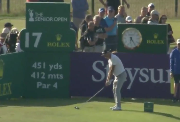 Pro’s tee shot hits seagull on the Road Hole at Senior Open, causing ball to ricochet out-of-bounds