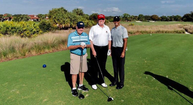 President Donald Trump plays golf with Tiger Woods and Jack Nicklaus