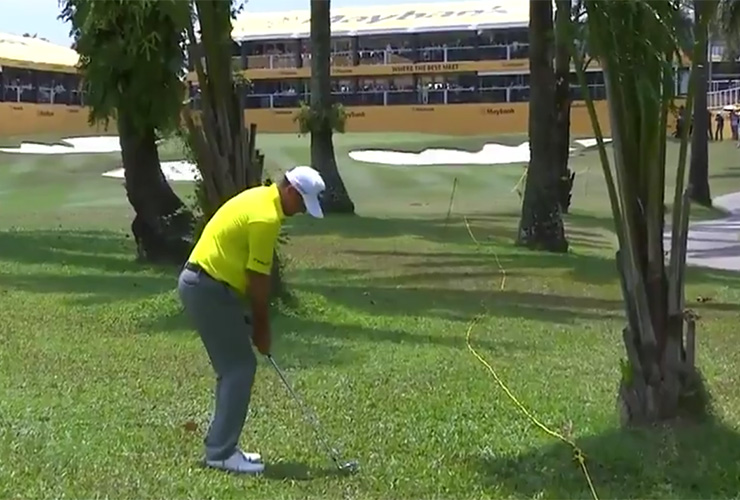 European Tour pro purposely plays shot off grandstands behind the green, setting up easy par