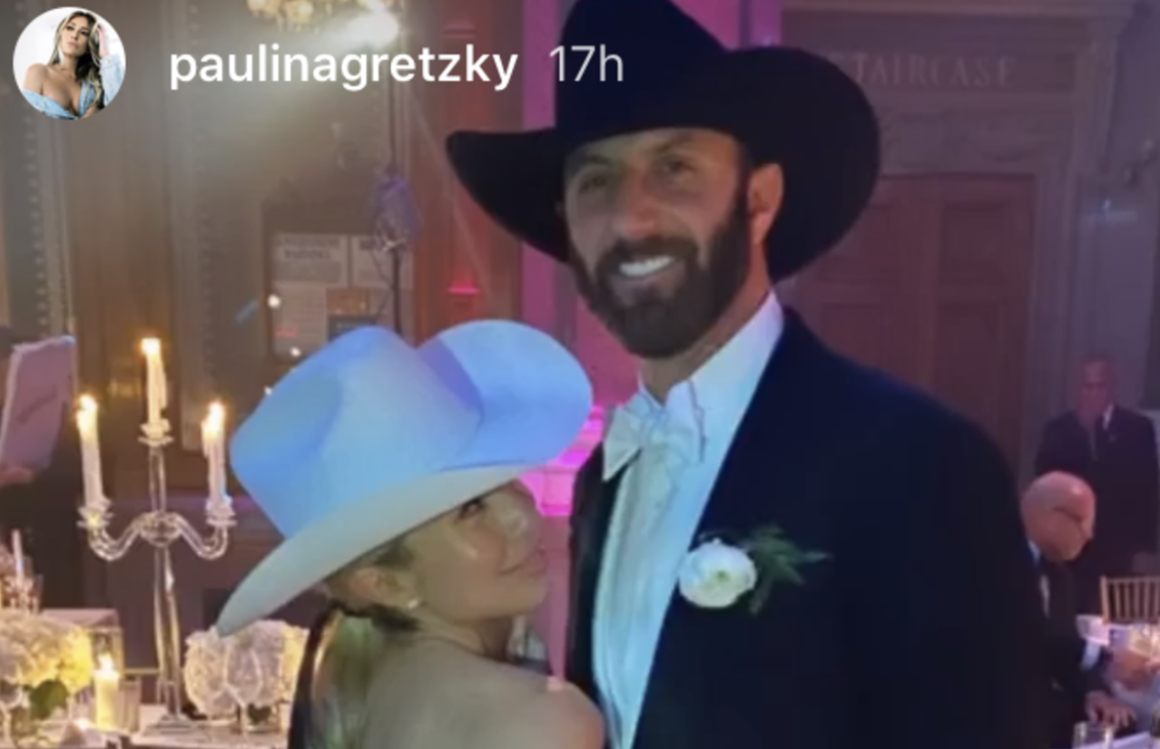 Saddle up for photos of Dustin Johnson wearing a cowboy hat at Paulina Gretzky’s brother’s wedding