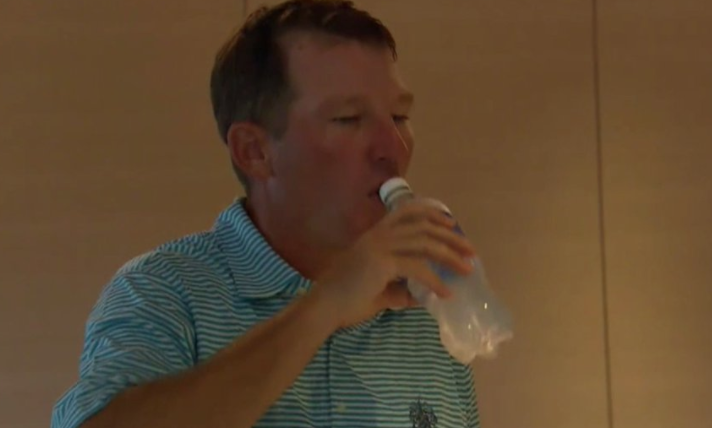 The most nervous Jim Herman looked Sunday at the Wyndham was when he tried to drink from this water bottle