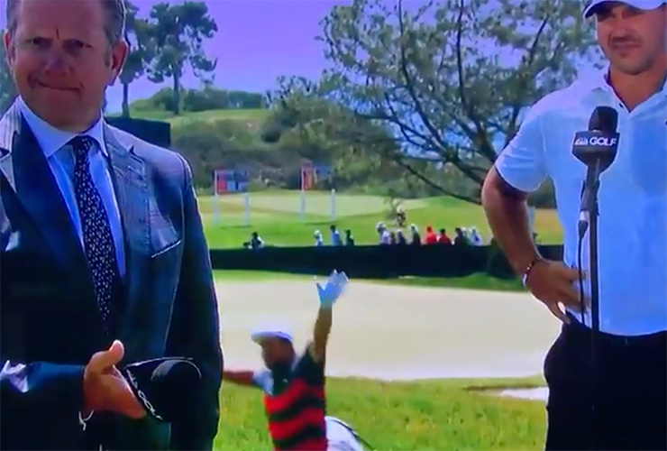 Bryson DeChambeau appears to jump into camera frame during Brooks Koepka interview