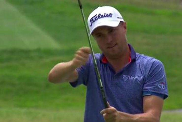 Justin Thomas nearly falls backward into bunker, recovers to “reel in” chaotic par save like prize tuna