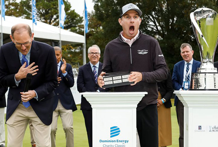 WATCH: PGA Tour Champions winner drops glass trophy, nearly gives tournament executive a heart attack