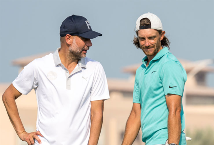 Manchester City boss Pep Guardiola gets in the swing at Saadiyat Beach Golf Club