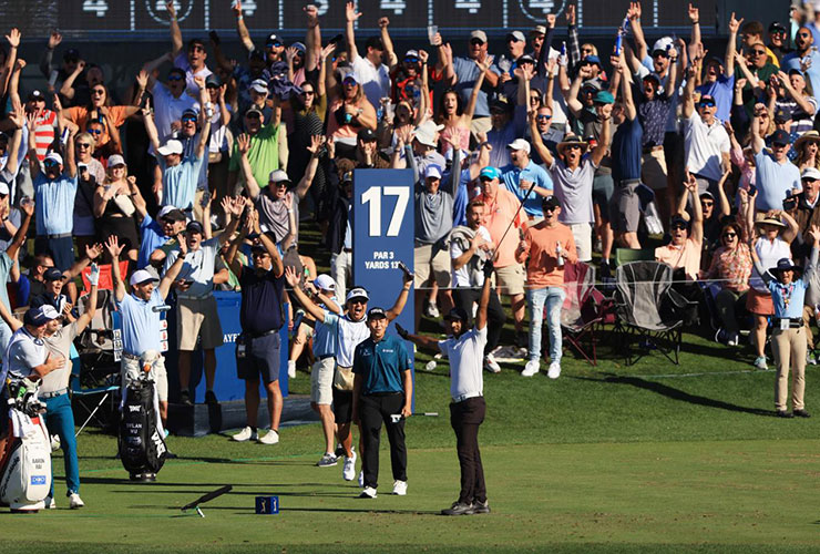 Aaron Rai is a picture of joy after the second ace of the week on Sawgrass 17th