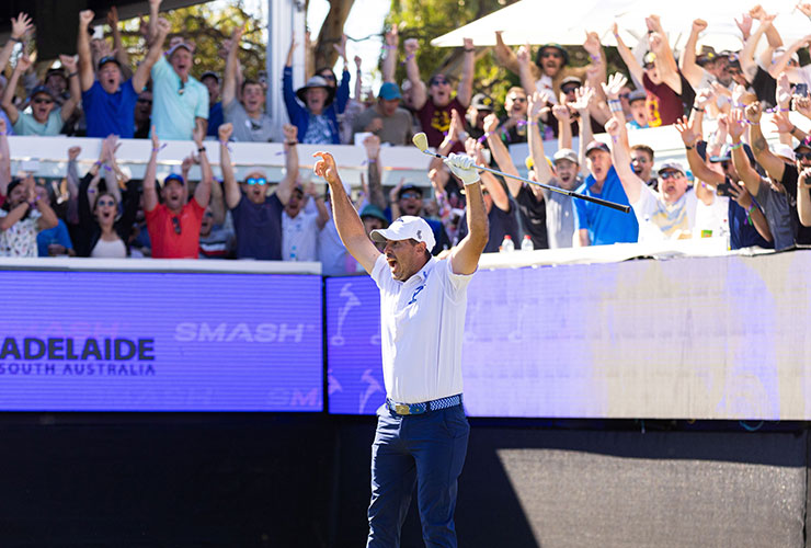 WATCH: The absolute mayhem at the LIV Golf Adelaide Watering Hole 12th as Koepka nails hole-in-one