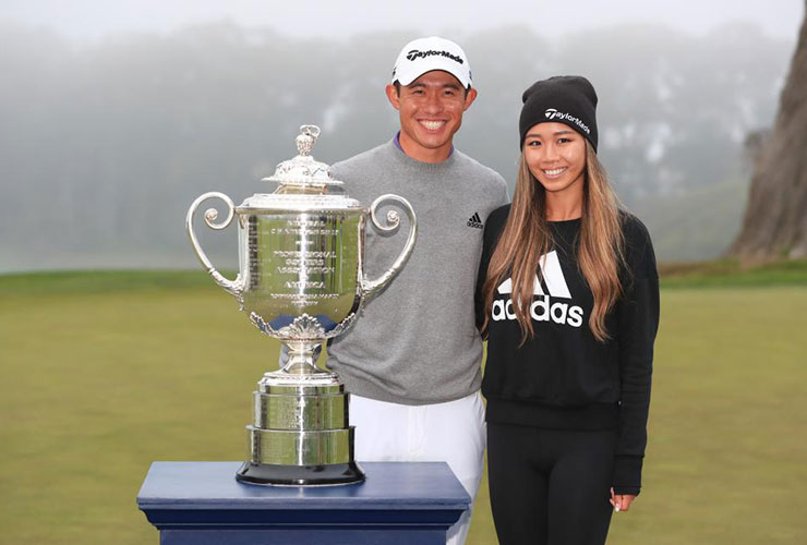 WATCH: Collin Morikawa’s wife shows off (improved) silky golf swing, credits her husband/coach