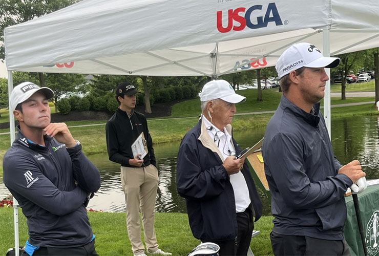 Viktor Hovland, certified good dude, caddieing in US Open qualifier day after his Memorial win