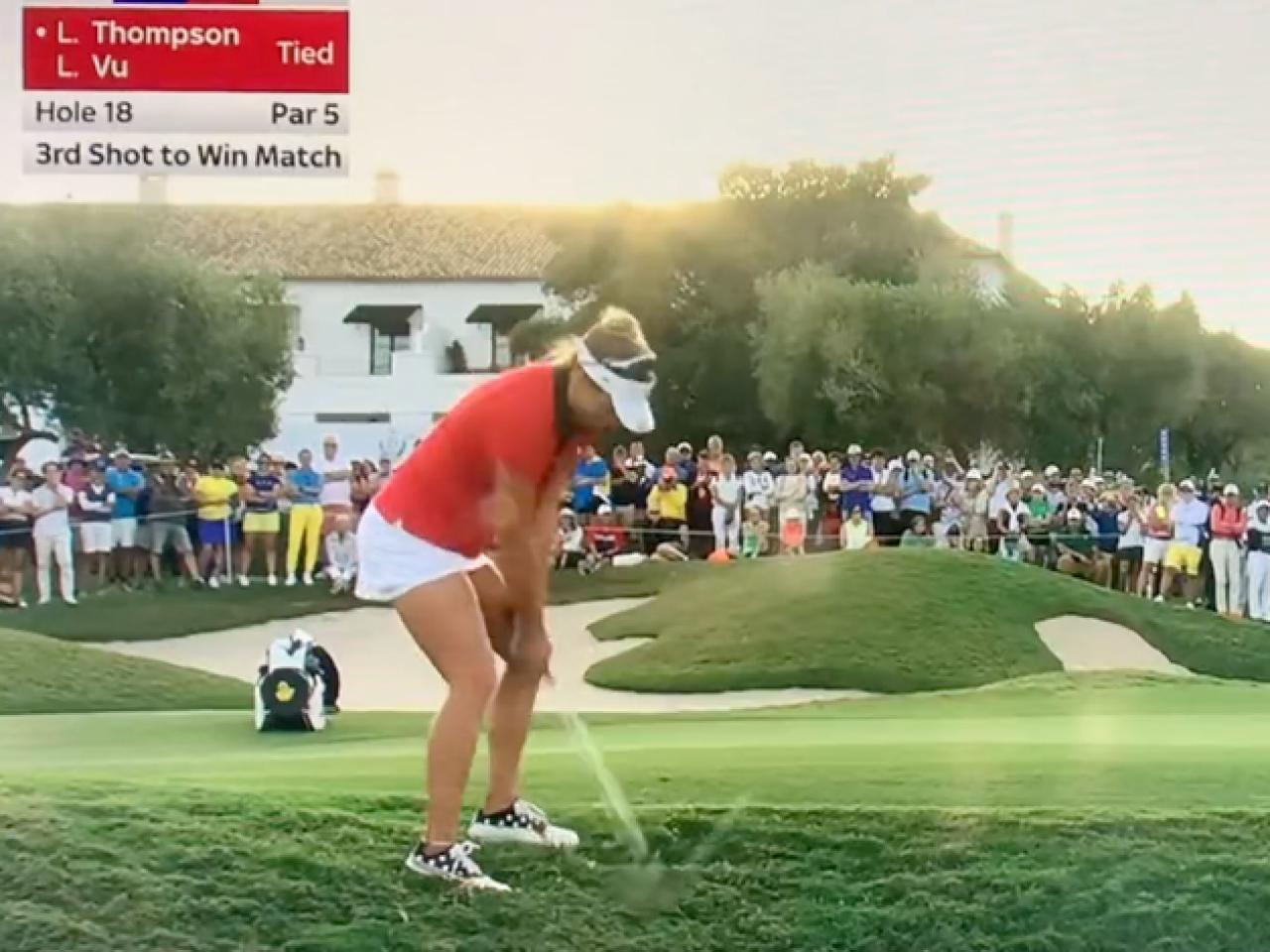 Watch as Lexi Thompson shanks chip shot at crucial Solheim Cup moment, almost hits her teammate and their caddies