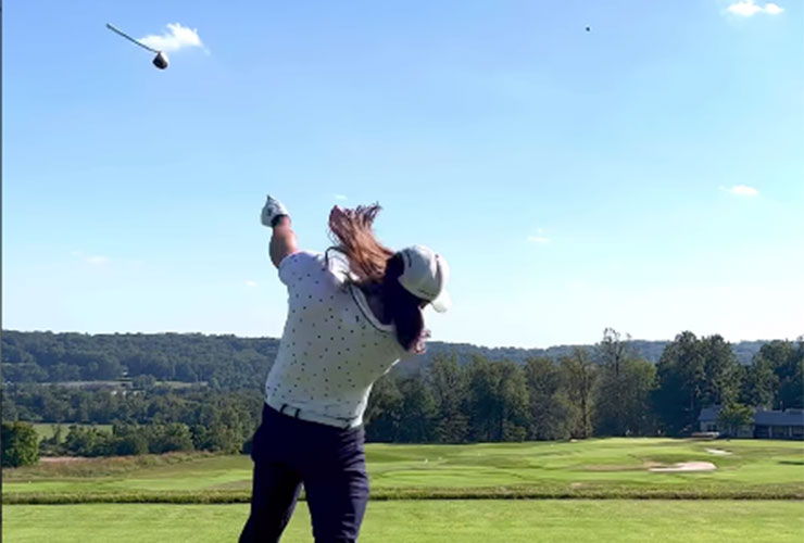 Watch as Kyle Berkshire tries to blast shot with persimmon driver, sends golf club into orbit instead