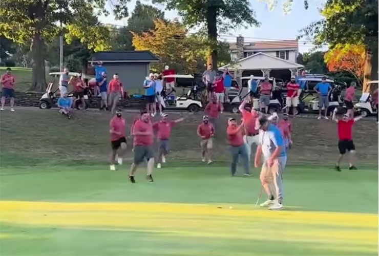 Watch as golfer misses short putt to lose friendly 64-man ‘Ryder Cup’ in heartbreaking fashion, chaos ensues