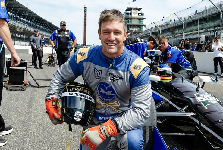 Watch Bryson DeChambeau crush a 500-yard drive (and hitch a ride in a 180-mph Indy car) at the Indy 500